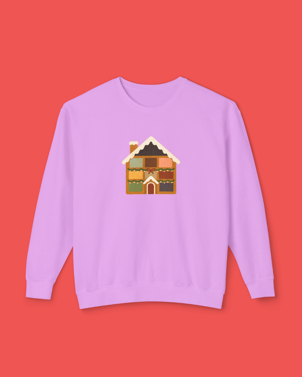 Gingerbread Lover House Graphic Sweatshirt on Comfort Colors Orchid
