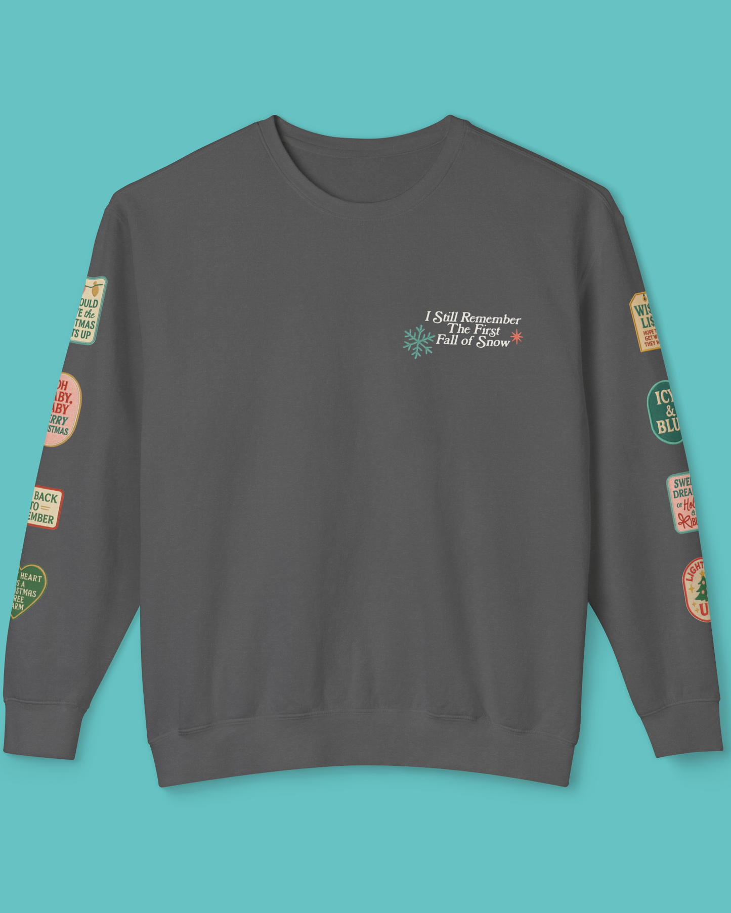 Pepper Gray Comfort Colors Sweatshirt with ski patches on the sleeves