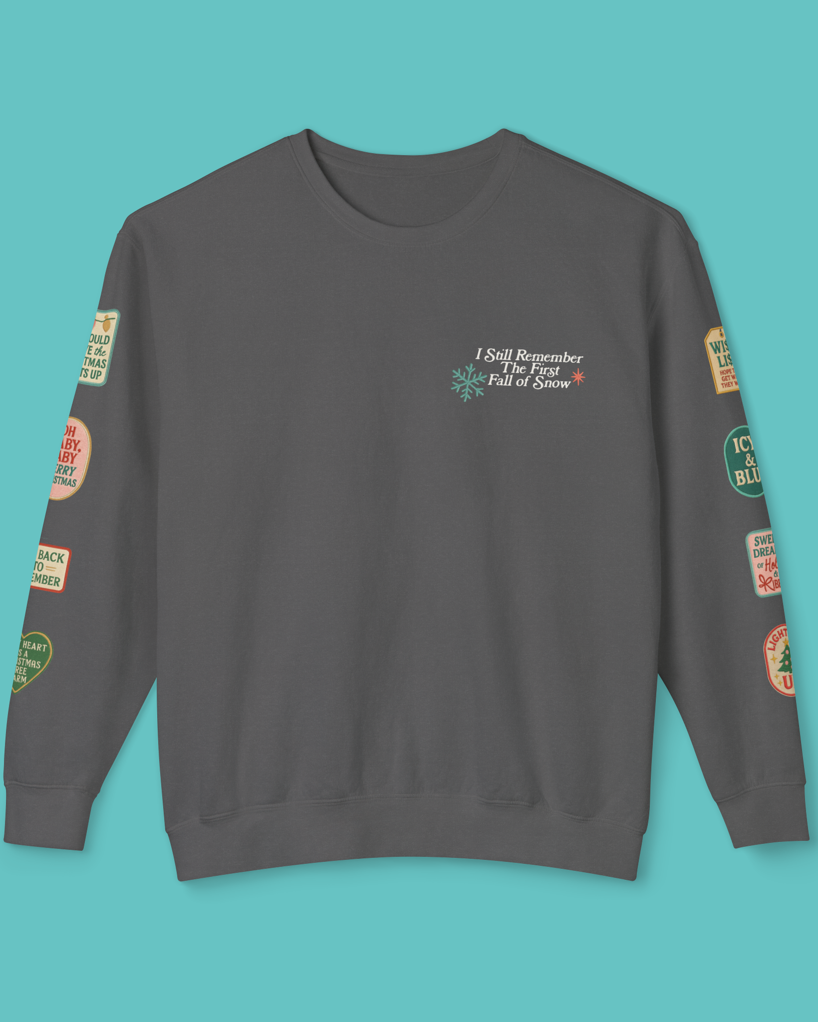 Pepper Gray Comfort Colors Sweatshirt with ski patches on the sleeves